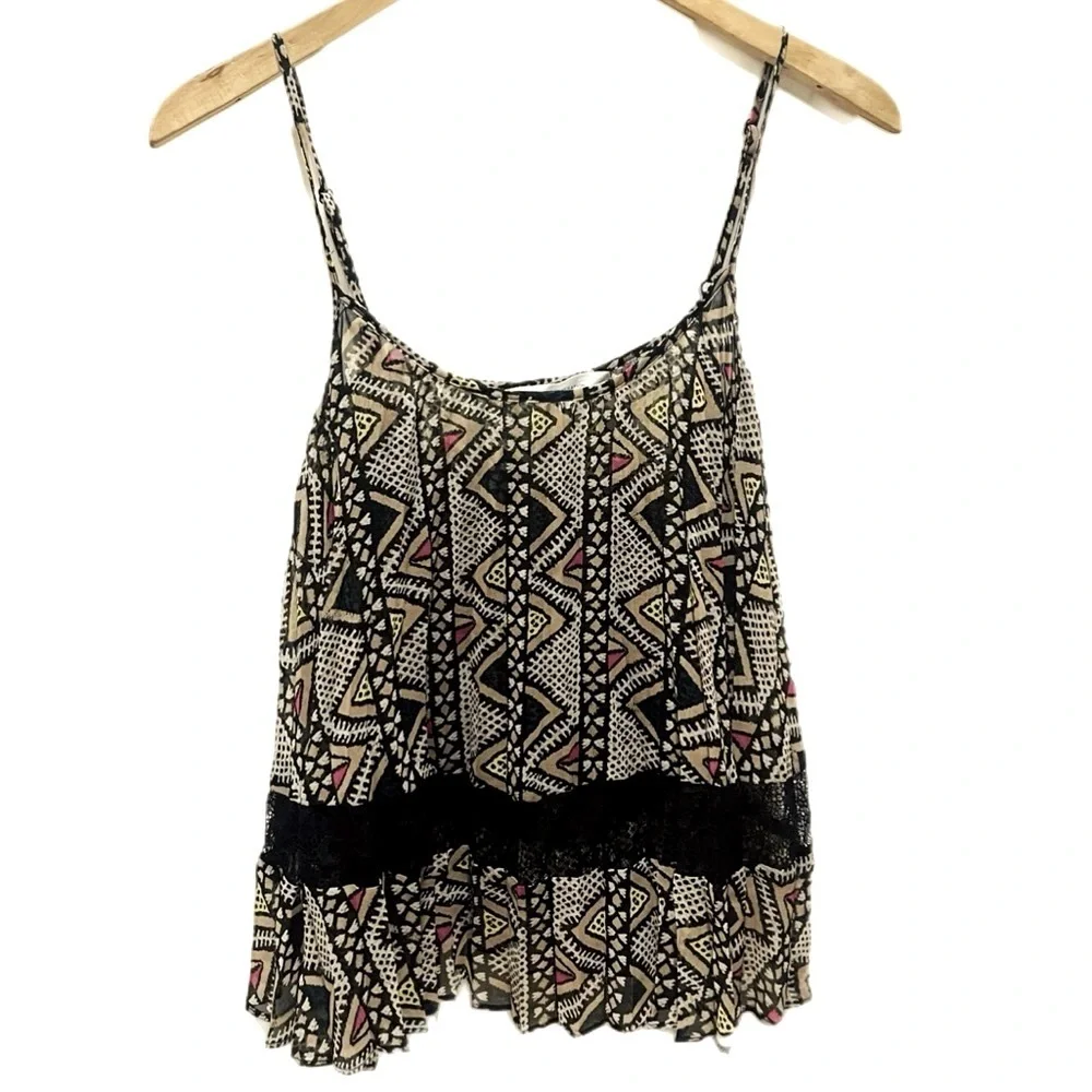 BCBGeneration Sheer Pleated Camisole with Lace Detail in Geometric Print Medium